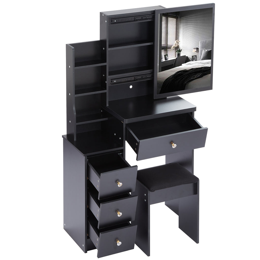 29.2' Small Space Left Bedside Cabinet Vanity Table + Cushioned Stool, Extra Large Right sliding mirror, Multi Layer High Capacity Storage, Practical Fashionable Dresser, Suitable For Small Space - Grand Goldman Shop