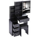 29.2' Small Space Left Bedside Cabinet Vanity Table + Cushioned Stool, Extra Large Right sliding mirror, Multi Layer High Capacity Storage, Practical Fashionable Dresser, Suitable For Small Space - Grand Goldman Shop