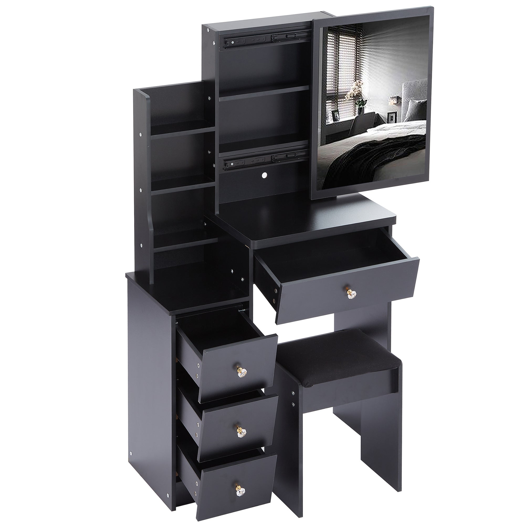 29.2' Small Space Left Bedside Cabinet Vanity Table + Cushioned Stool, Extra Large Right sliding mirror, Multi Layer High Capacity Storage, Practical Fashionable Dresser, Suitable For Small Space - Grand Goldman Shop