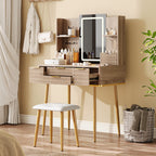 4-Drawer Vanity Desk with LED Mirror & Carved Details, Fluted Makeup Table with Metal Legs and PU Stool, Carved Dressing Table with Jewelry Storage for Bedroom - Grand Goldman Shop