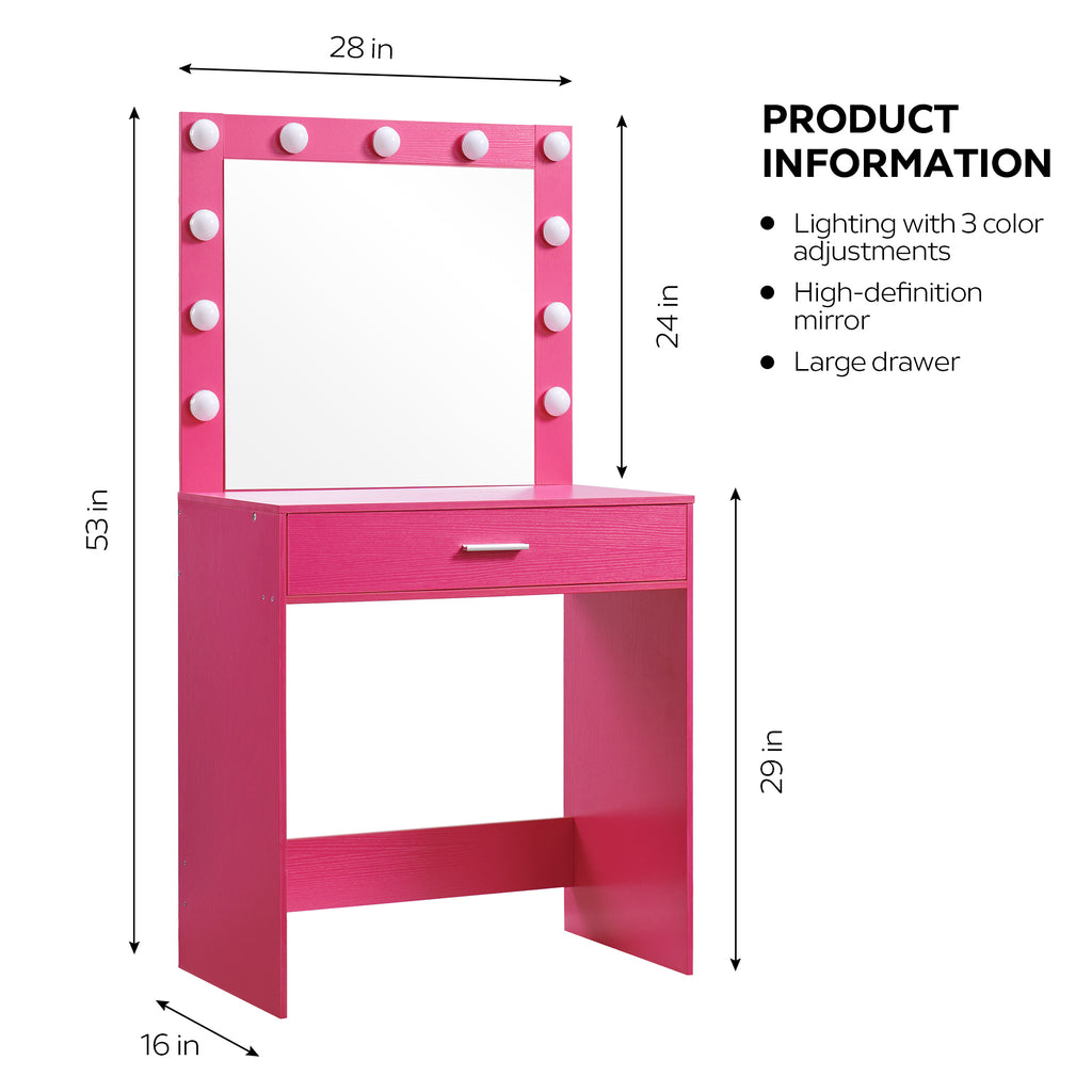 Vanity Desk with Mirror and Lights, Dressing Table with Large Drawer, 1 Level Storage Dresser & 3 Lighting Modes Adjustable Brightness, Suitable for Bedroom(Pink) - Grand Goldman Shop