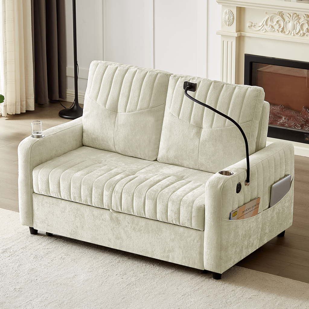 Modern 53.9' Loveseat Pull-out Sofa Bed with Adjustable Backrest, Cup Holders, Charging Ports & Side Storage in Beige Chenille - Grand Goldman Shop