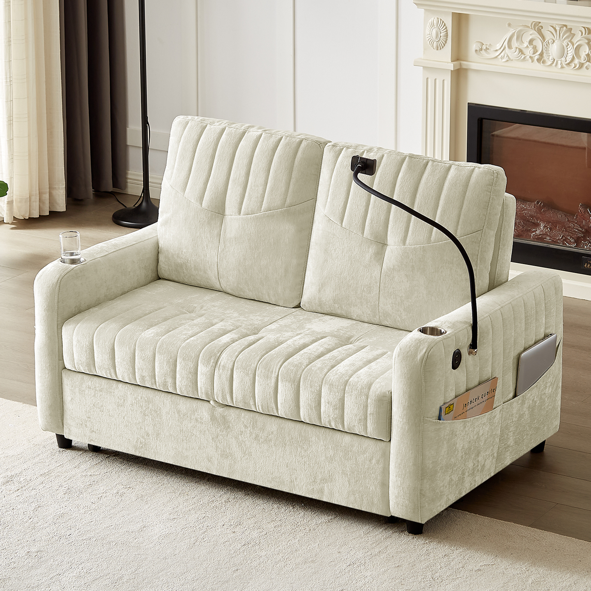 Modern 53.9' Loveseat Pull-out Sofa Bed with Adjustable Backrest, Cup Holders, Charging Ports & Side Storage in Beige Chenille - Grand Goldman Shop