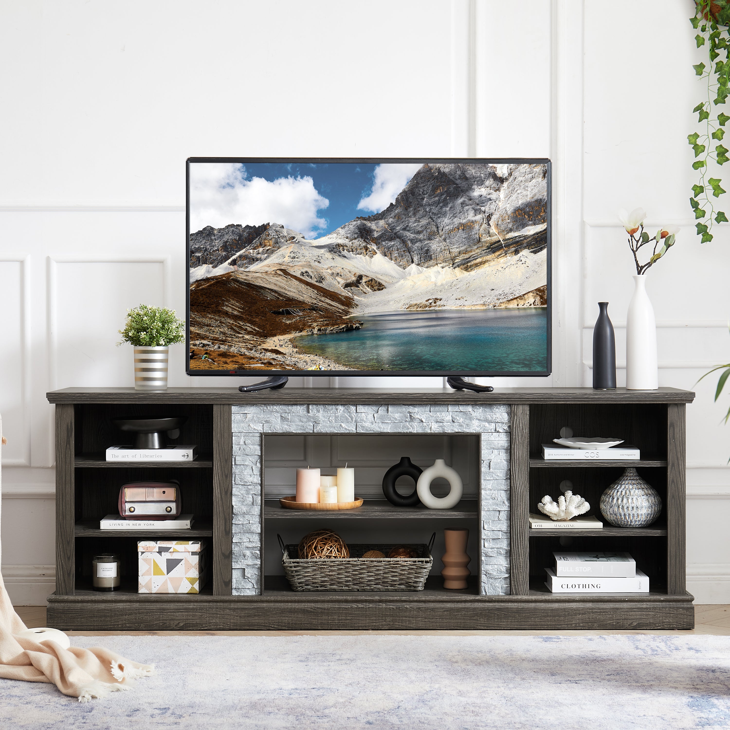 Large TV Stand TV Desk Storage Rack with Faux Stacked Stone Surround,Media Console Table with Large Storage Cabinet,Modern TV Media Entertaionment Stand,GREY, 70.12'W*15.35'D*25.83'H - Grand Goldman Shop