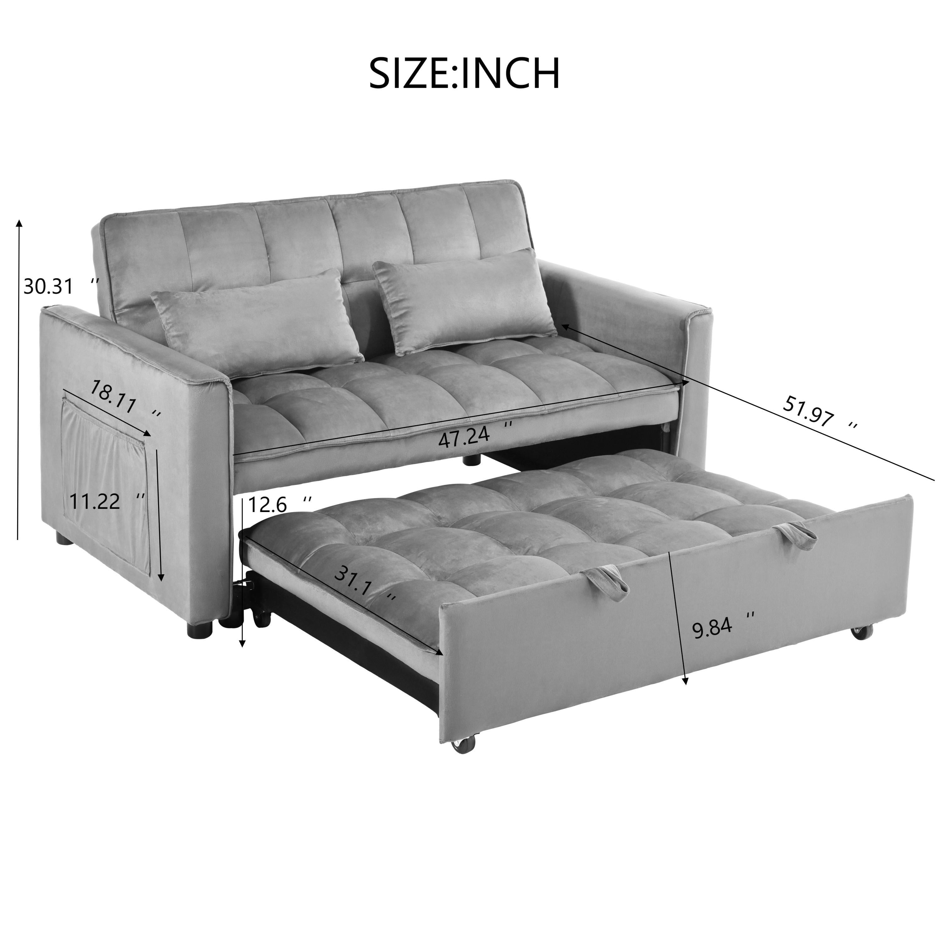 Convertible Sofa Bed, 3-in-1 Pull Out Couch Bed with Reclining Backrest, Pillows, Light Gray Velvet. - Grand Goldman Shop