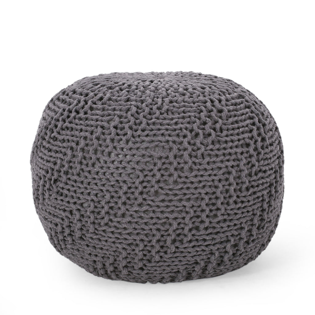 Hazel Modern Knitted Cotton Yarn Round Pouf with Eco-Friendly PET Fibers, Dark Grey, 20 x 20 inches - Grand Goldman Shop