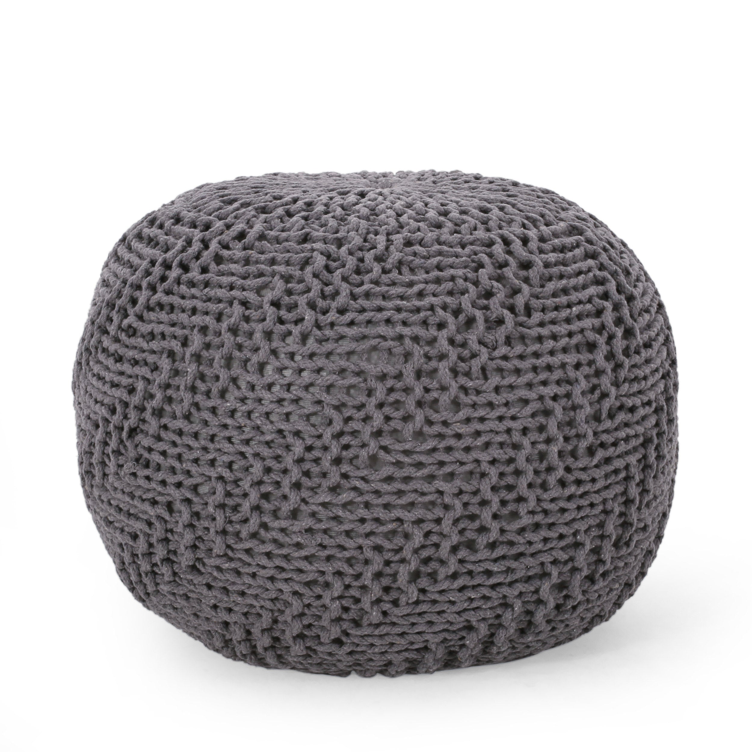 Hazel Modern Knitted Cotton Yarn Round Pouf with Eco-Friendly PET Fibers, Dark Grey, 20 x 20 inches - Grand Goldman Shop