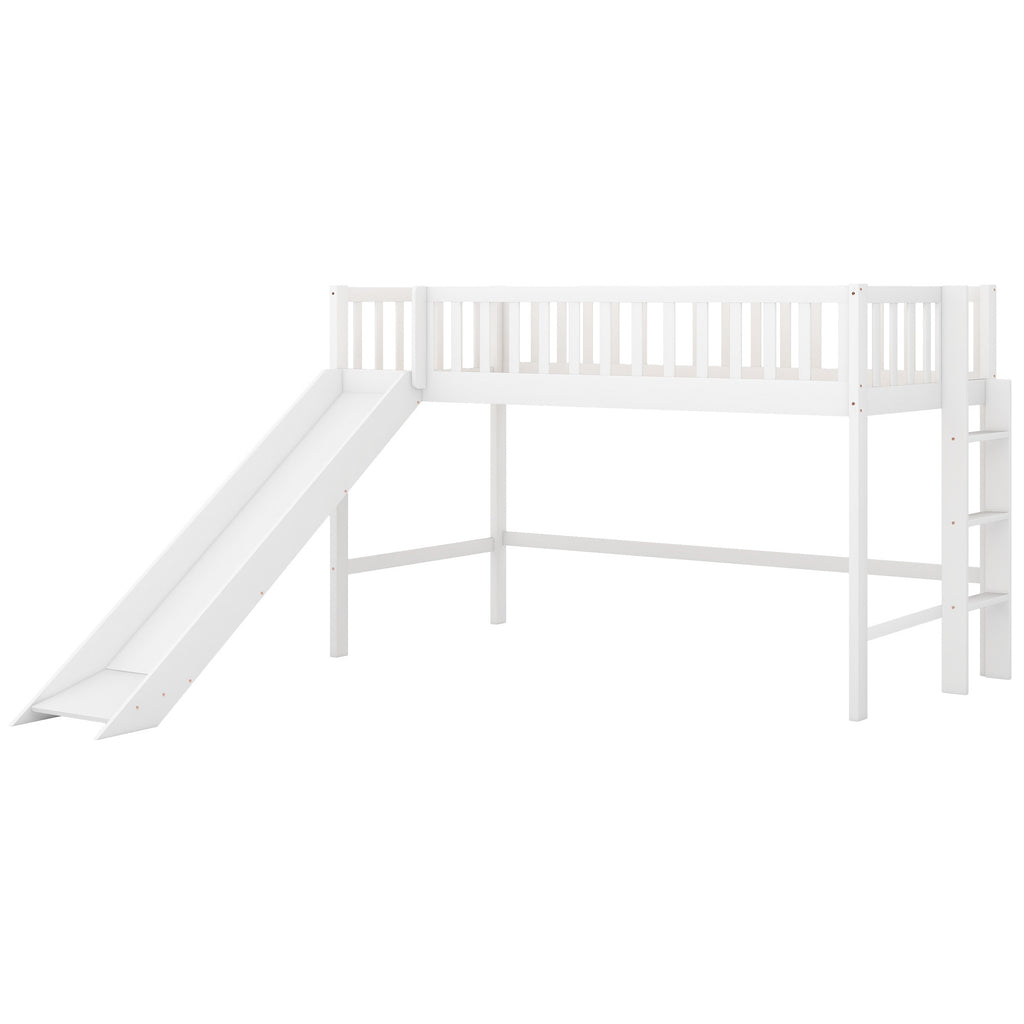 Twin Size Low Loft Bed with Ladder and Slide,White(OLD SKU:WF196418AAK) - Grand Goldman Shop