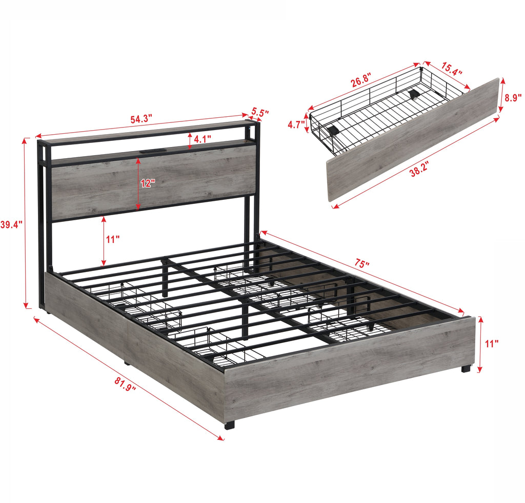 Full Bed Frame, Storage Headboard with Charging Station, Solid and Stable, Noise Free, No Box Spring Needed, Easy Assembly - Grand Goldman Shop