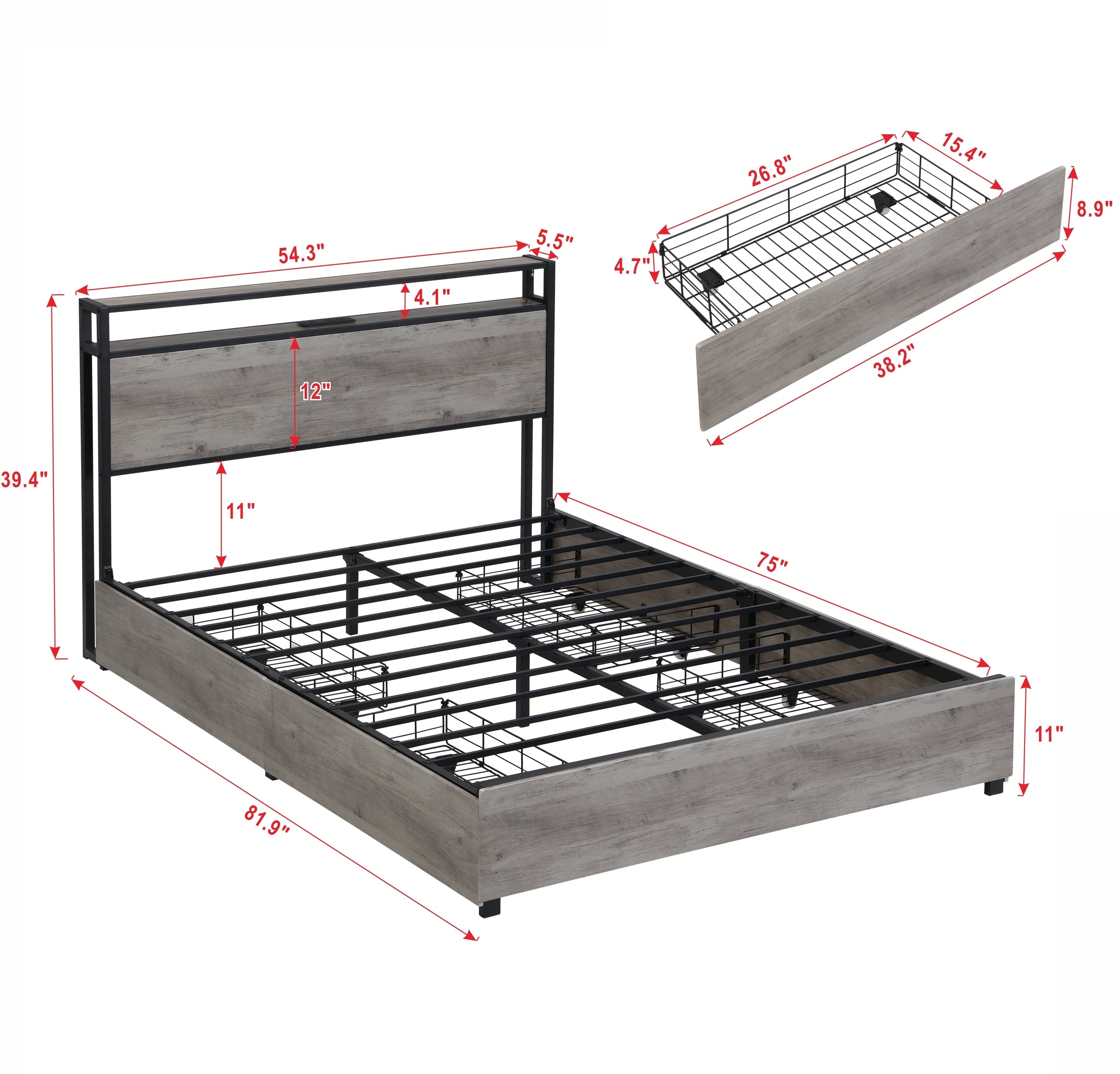 Full Bed Frame, Storage Headboard with Charging Station, Solid and Stable, Noise Free, No Box Spring Needed, Easy Assembly - Grand Goldman Shop