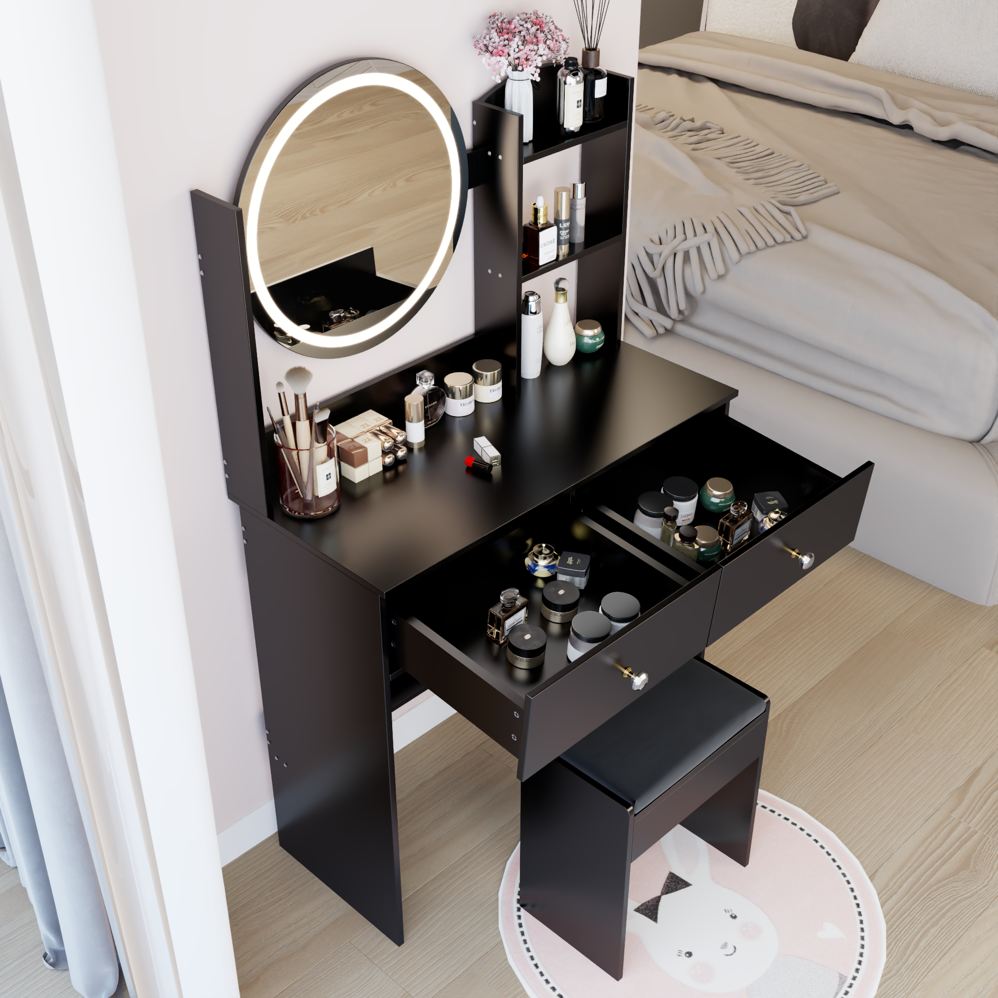 17' Round LED Mirror Vanity Table + Soft Cushion Stool Set, Large Mirror, Touch Switch, 3 colors, Adjustable Brightness, Large Desktop, Multi-layer High Capacity Storage, Suitable For Small Space - Grand Goldman Shop