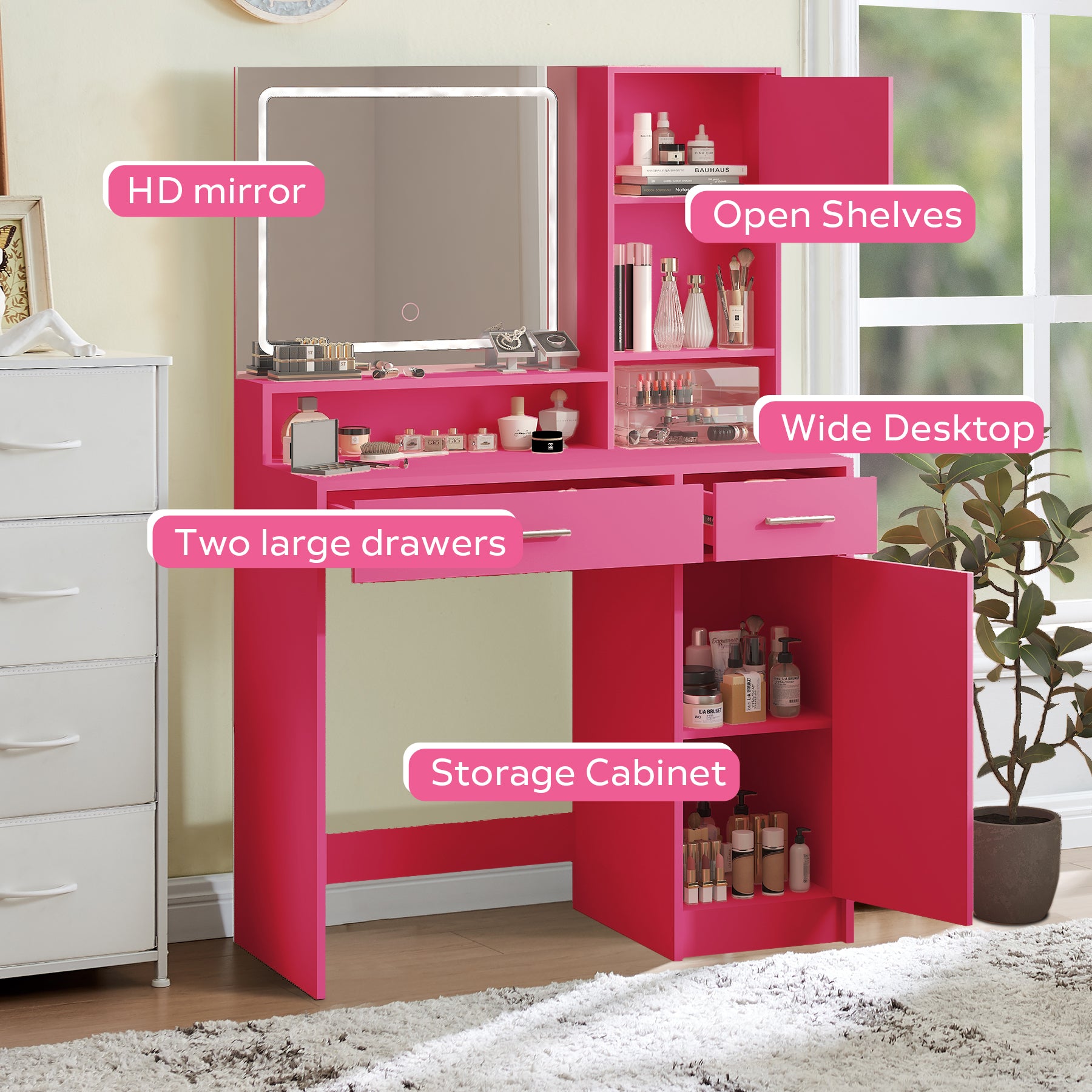 Vanity Desk with Mirror and LED Light Strip,Dressing Table with Large Drawer, 3 Level Storage Dresser & 3 Lighting Modes Adjustable Brightness, Suitable for Bedroom(Rose Pink) - Grand Goldman Shop