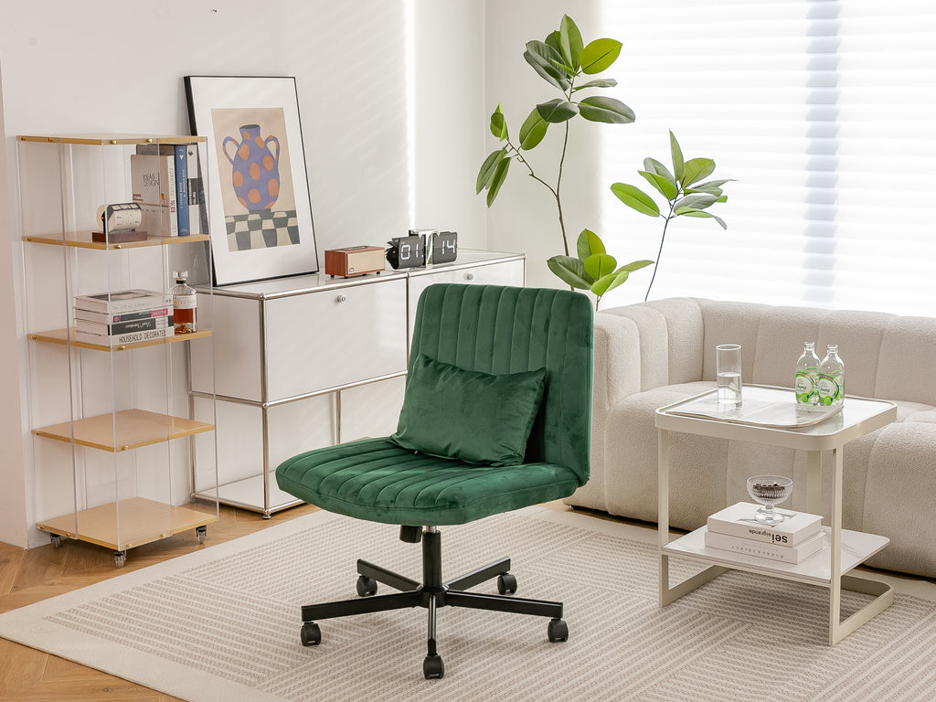 Green Velvet Criss Cross Armless Office Chair with Wheels - Comfortable & Stylish for Home Office, Meditation, and Makeup Use