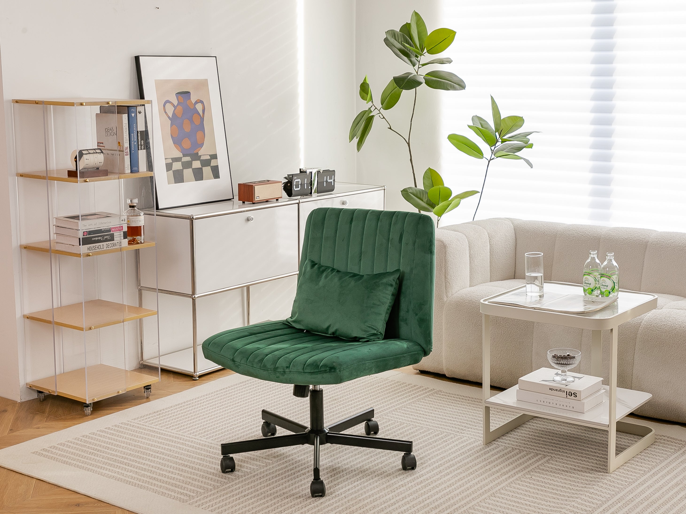 Green Velvet Criss Cross Armless Office Chair with Wheels - Comfortable & Stylish for Home Office, Meditation, and Makeup Use
