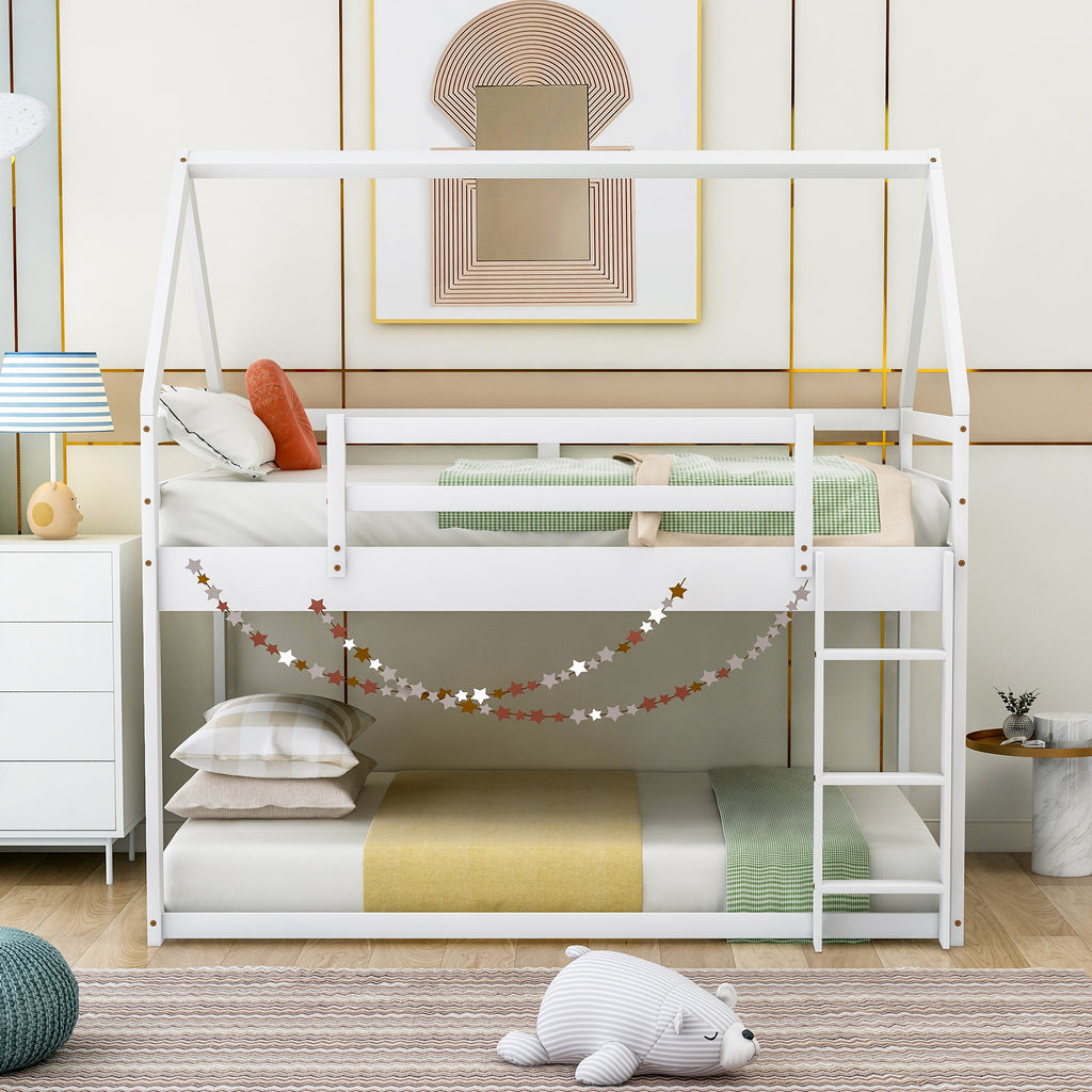 Twin over Twin Low Bunk Bed with Ladder, White - Grand Goldman Shop