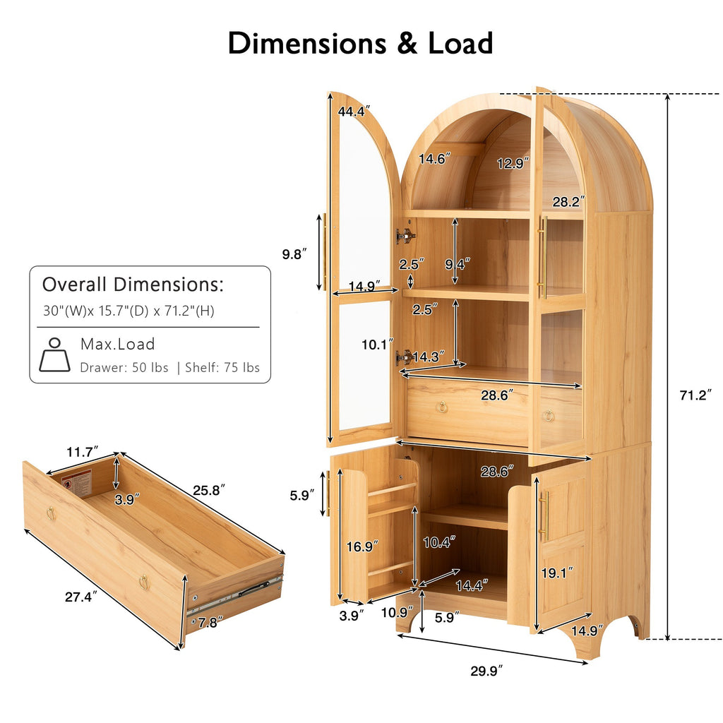 K&K 71' Tall Arched Kitchen Pantry Cabinet with Door Shelves, Farmhouse Kitchen Storage Cabinet with Open & Adjustable Shelves, Hidden Drawer & Glass Door, Cupboard for Kitchen, Dining Room, Natural - Grand Goldman Shop