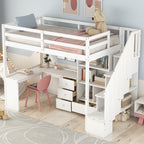 White Twin Size Loft Bed with L-Shaped Desk, Drawers, Cabinet, and Storage Staircase - Pine Wood & MDF - Grand Goldman Shop