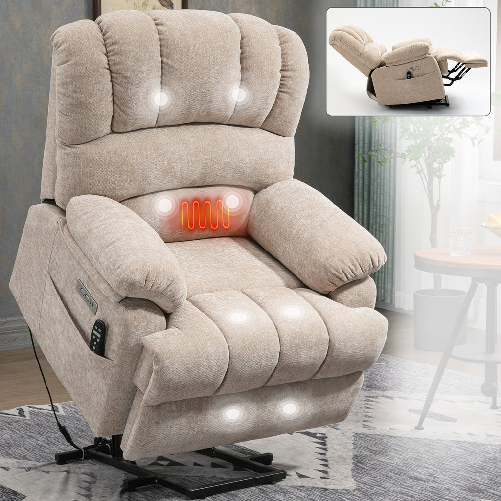 23' Seat Width and High Back Large Size Beige Chenille Power Lift Recliner Chair with 8-Point Vibration Massage and Lumbar Heating - Grand Goldman Shop