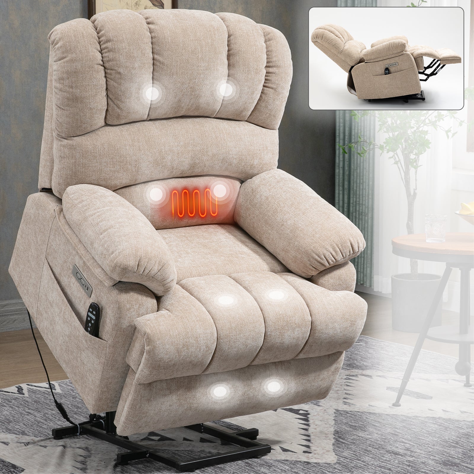 23' Seat Width and High Back Large Size Beige Chenille Power Lift Recliner Chair with 8-Point Vibration Massage and Lumbar Heating - Grand Goldman Shop
