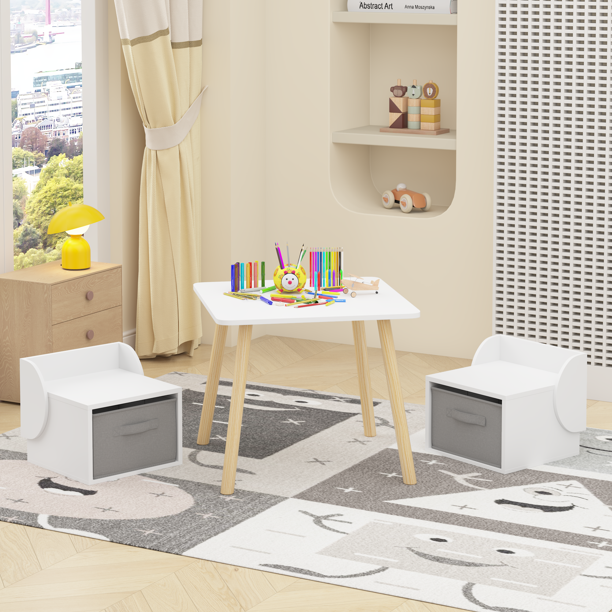 Kids Table and 2 Chair Set with Storage Bins, 3-Piece Toddler Activity Play Table for Arts & Crafts, Reading, Drawing, Wooden