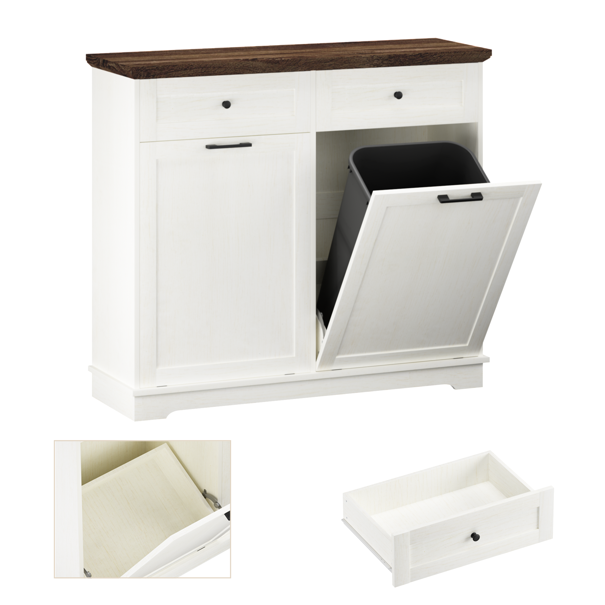 20 Gallon Tilt Out Trash Cabinet Freestanding Trash Bin Cabinet Wood Garbage Recycling Cabinet with Drawer Pet Proof Trash Can Holder for Kitchen Living Room, Antique White (Not include trash can) - Grand Goldman Shop