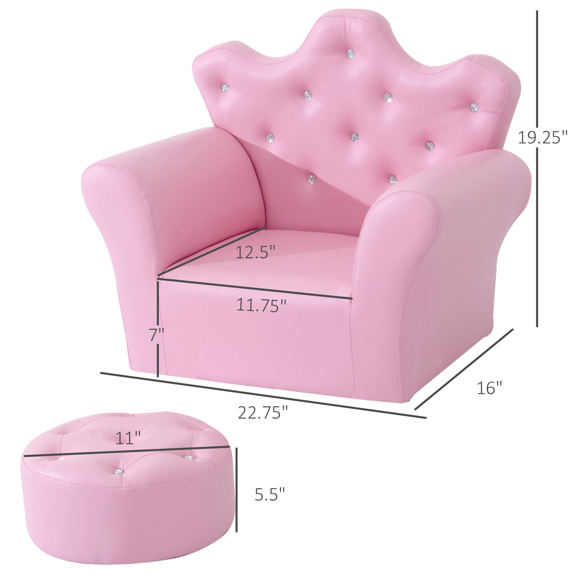 Kids Sofa Set, Children's Upholstered Sofa with Footstool, Princess Sofa with Diamond Decorations, Baby Sofa Chair for Toddle