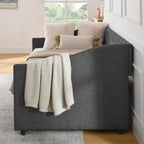 Twin Size Daybed with Drawers Upholstered Tufted Sofa Bed in Dark Grey Linen, Button Back and Copper Nail Trimmed Waved Arms, 81.5''x41''x30.5'' - Grand Goldman Shop