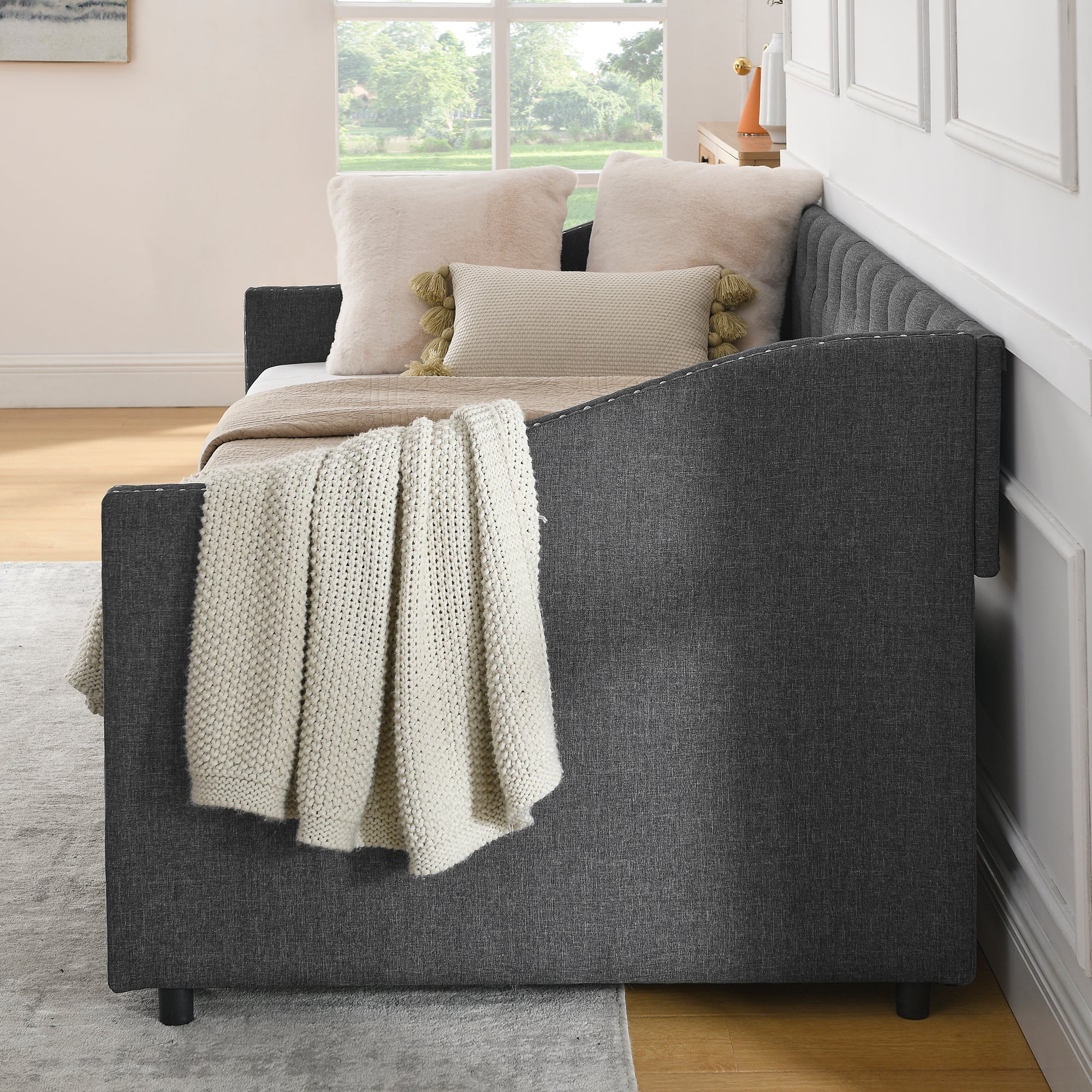 Twin Size Daybed with Drawers Upholstered Tufted Sofa Bed in Dark Grey Linen, Button Back and Copper Nail Trimmed Waved Arms, 81.5''x41''x30.5'' - Grand Goldman Shop