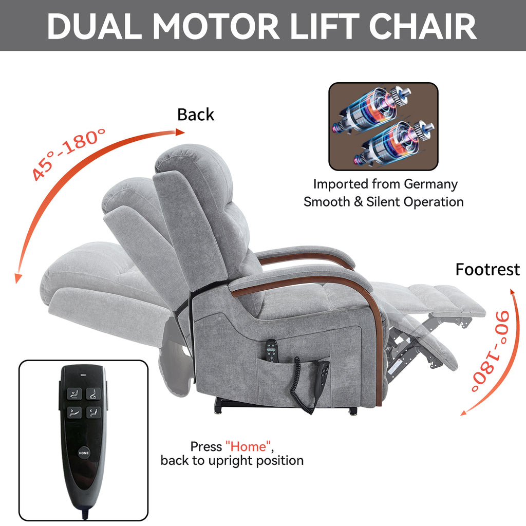 Power Grey Chenille Lift Recliner Chair Dual Motor Infinite Position Up to 350 LBS with Solid Wood Armrests, Heat Massage and Heavy Duty Motion Mechanism - Grand Goldman Shop