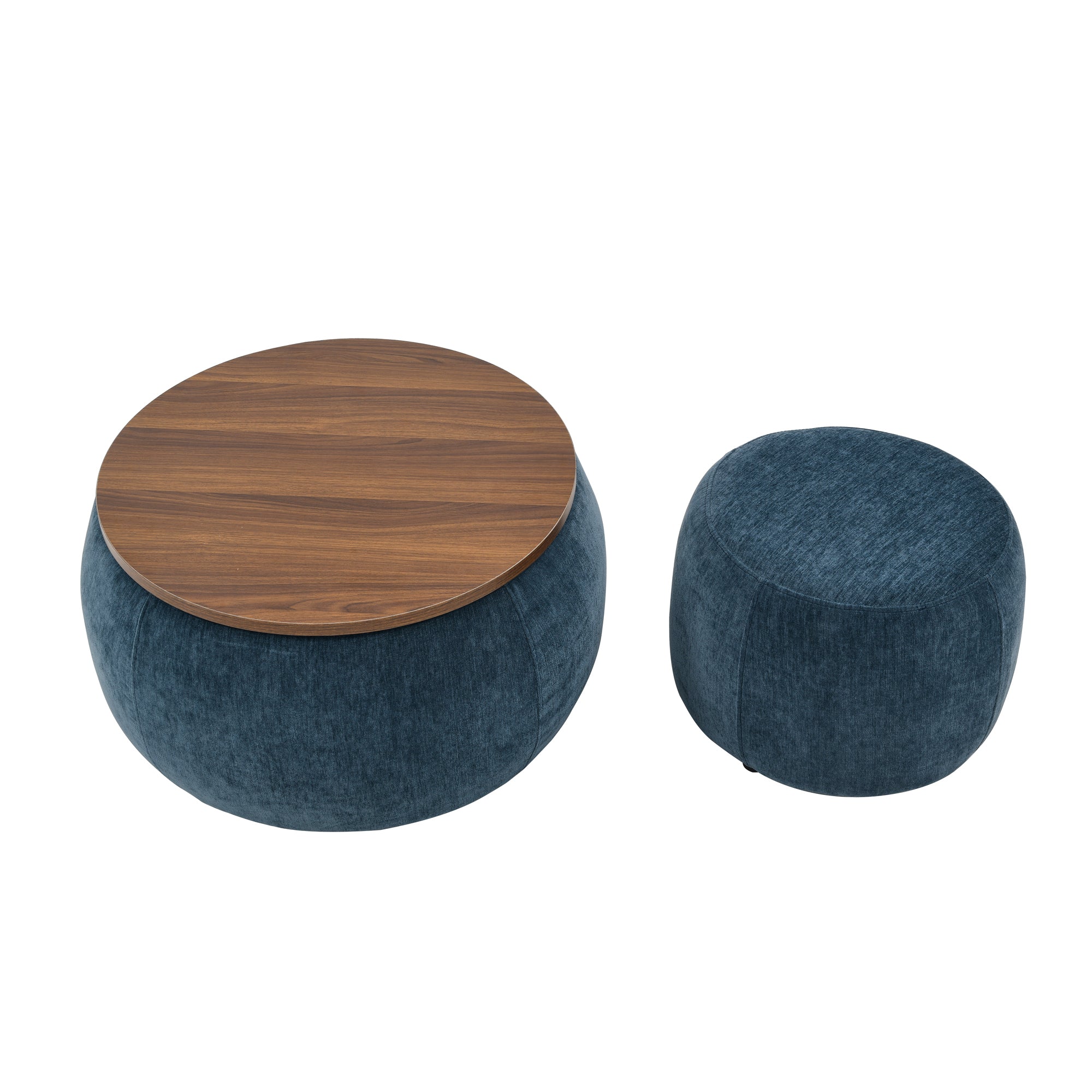 Dark Blue Round Storage Ottoman with 2 in 1 Function as End Table and Ottoman, Eucalyptus Wood and Foam, 25'x25'x14.7' - Grand Goldman Shop