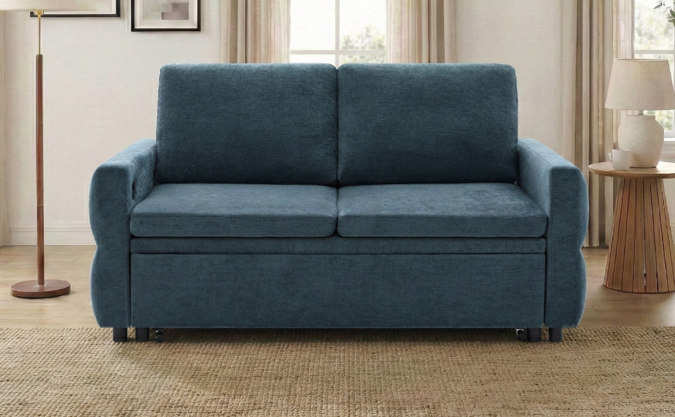 Convertible Sofa Bed 62.75' Loveseat with Adjustable Backrest and USB Ports in Blue Chenille Fabric - Grand Goldman Shop