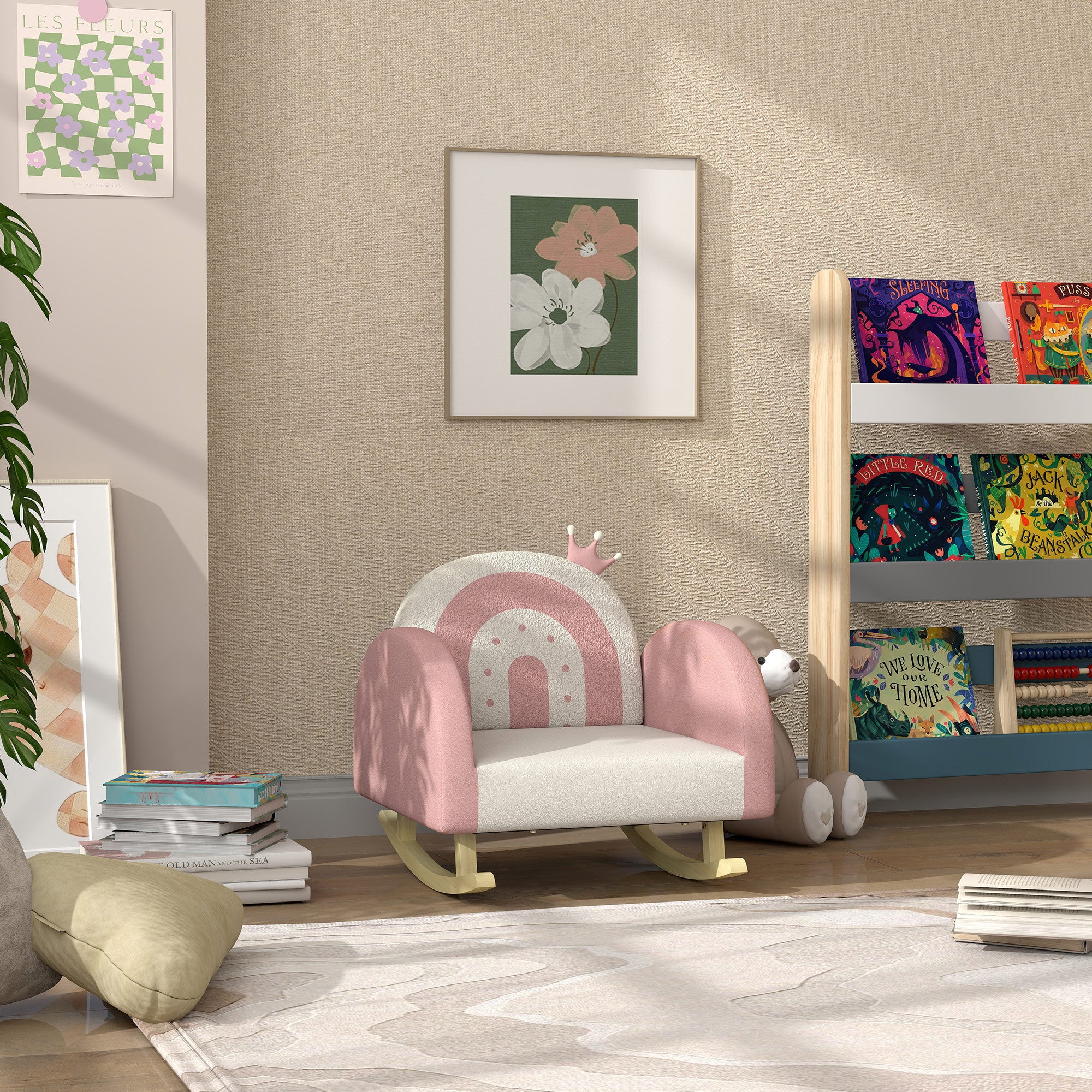 Qaba Kids Rocking Chair, Princess Crown Toddler Chair, Children's Armchair Rocker with Rainbow Backrest for Bedroom, Playroom