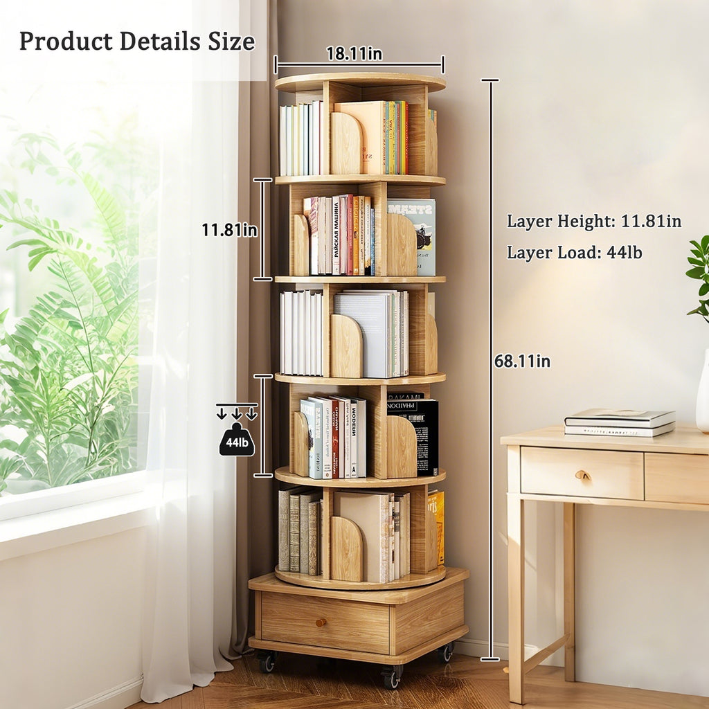 6 Tier Rotating Bookshelf, 360° Display Round Spinning Bookshelf with Wheels and Drawer, Space-Saving, Small Space Rotating Bookshelf Tower for Bedroom, Living Room, Home, Office, Wood Color - Grand Goldman Shop