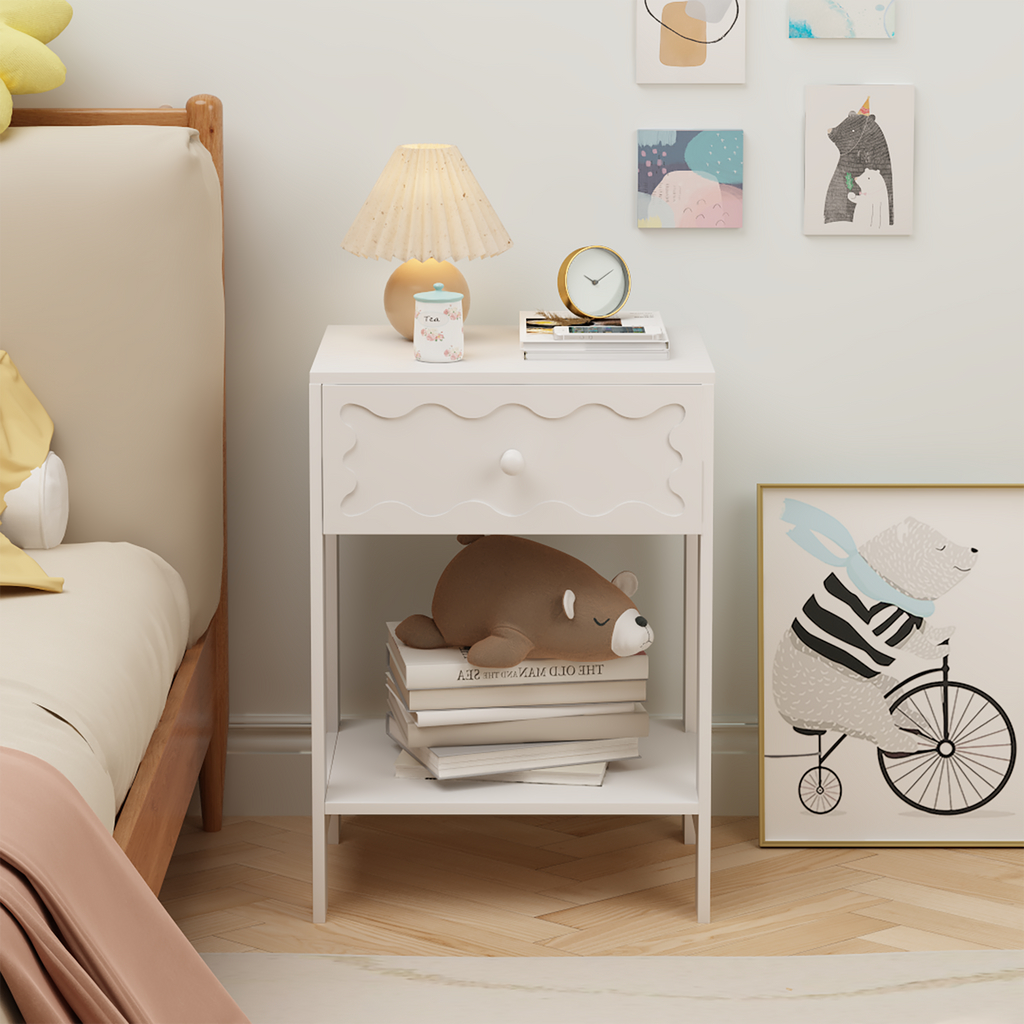 White Nightstand with Drawer and Open Shelf, Modern Wave Pattern Bedside Table, Solid Wood Frame End Table for Bedroom, Living Room, Small Spaces - Grand Goldman Shop