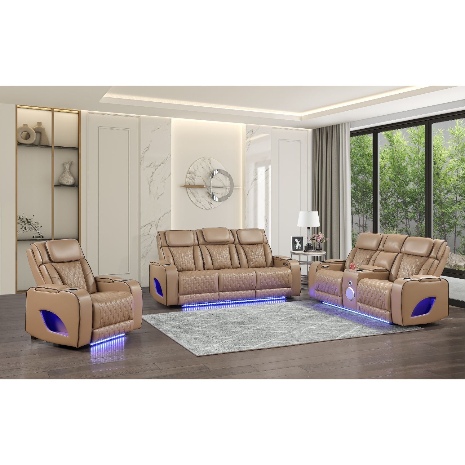Fortuner Power Reclining 3Pc Living Room Set in Caramel Faux Leather with LED Lights, Massage Function, Bluetooth Speakers and Wireless Charging - Grand Goldman Shop
