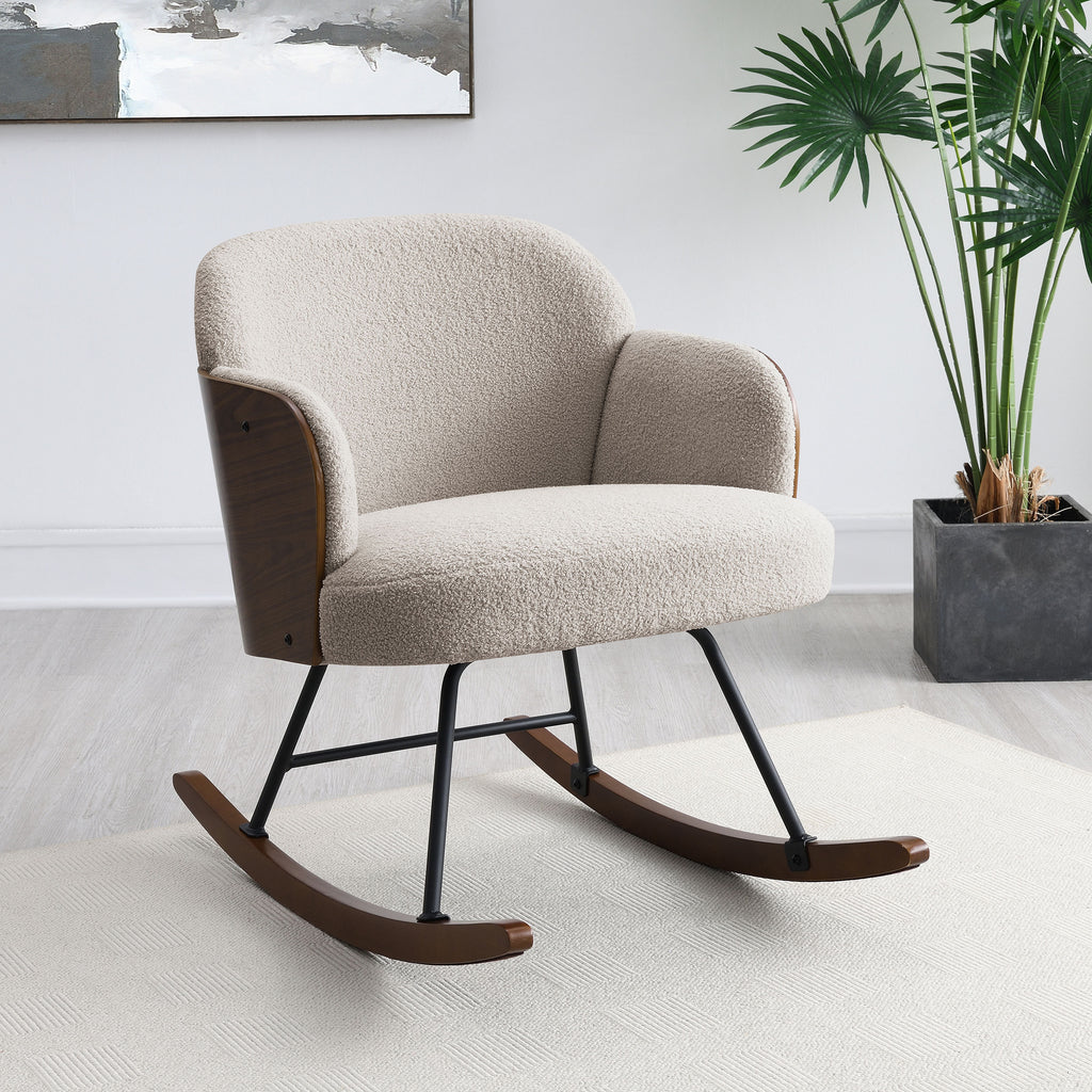 Valera Beige Boucle Upholstered Mid Back Rocking Chair with Walnut-Finished Frame and Wooden Rockers - Grand Goldman Shop