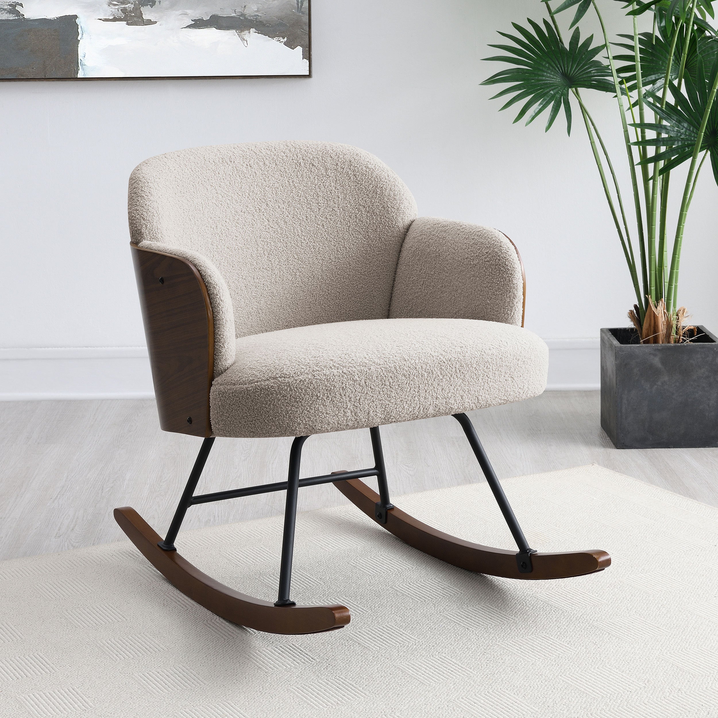 Valera Beige Boucle Upholstered Mid Back Rocking Chair with Walnut-Finished Frame and Wooden Rockers - Grand Goldman Shop