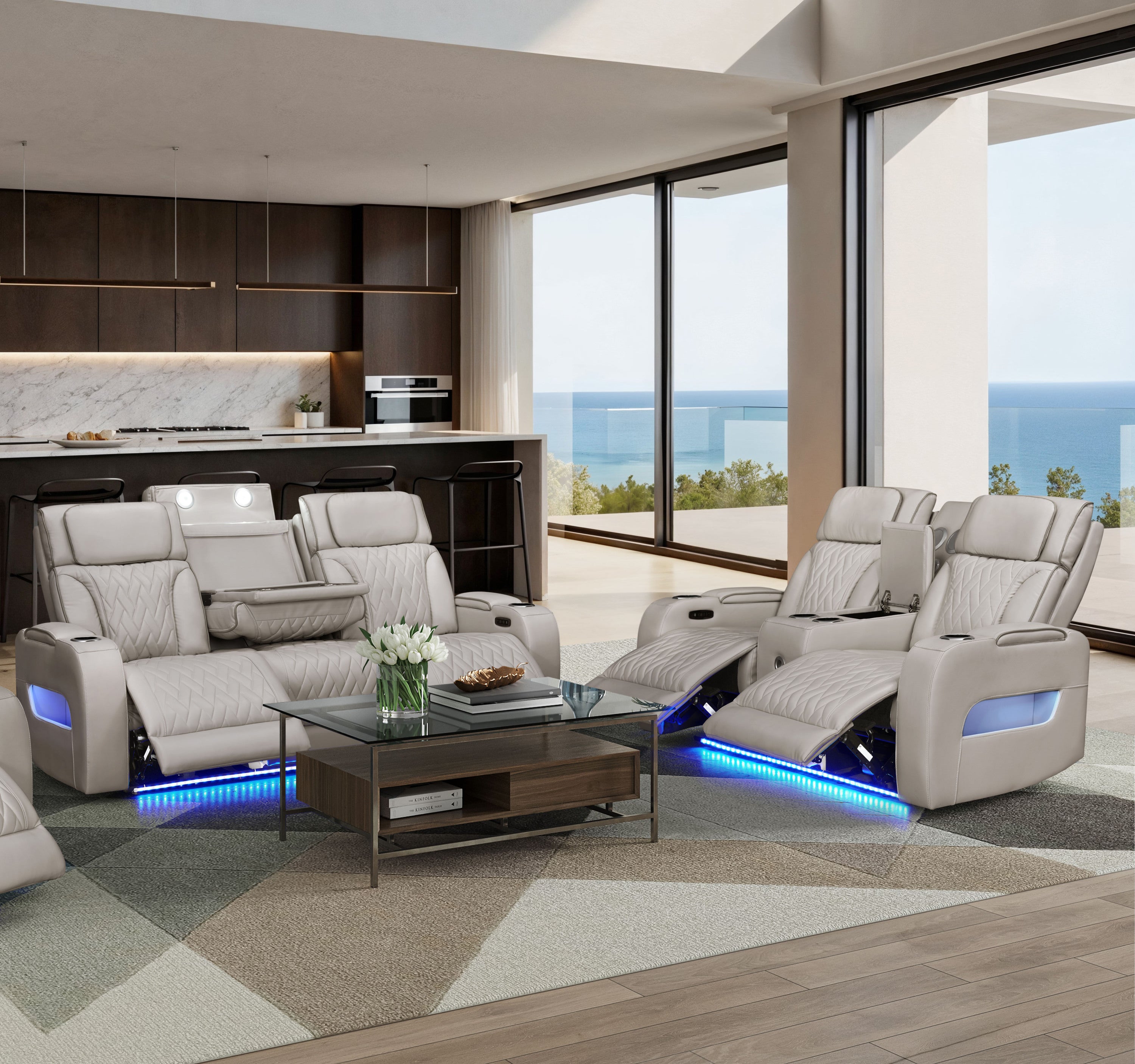 Jazz Ice Leather Aire Transformer Power Reclining Sofa & Loveseat Living Room Set w/Power Headrest, Bluetooth Speakers, LED Lights, Wireless Charging Drop-Down Table, USB Ports, Storage & Cupholders - Grand Goldman Shop