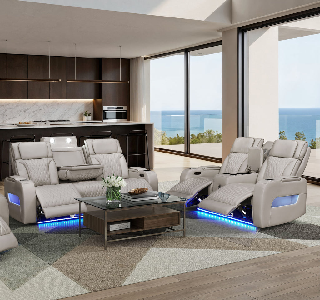 Jazz Ice Leather Aire Transformer Power Reclining Sofa & Loveseat Living Room Set w/Power Headrest, Bluetooth Speakers, LED Lights, Wireless Charging Drop-Down Table, USB Ports, Storage & Cupholders - Grand Goldman Shop