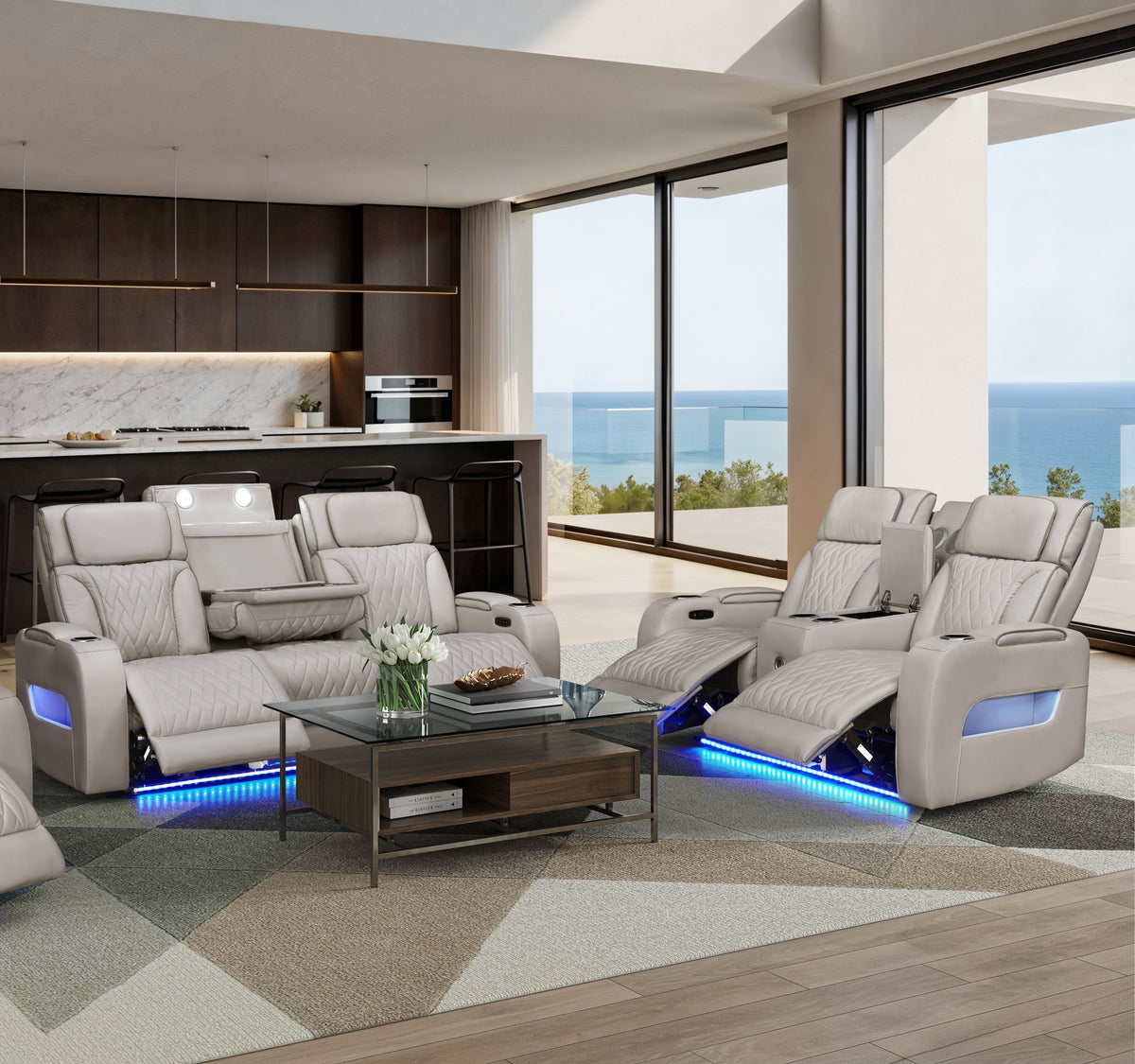 Jazz Ice Leather Aire Transformer Power Reclining Sofa & Loveseat Living Room Set w/Power Headrest, Bluetooth Speakers, LED Lights, Wireless Charging Drop-Down Table, USB Ports, Storage & Cupholders - Grand Goldman Shop