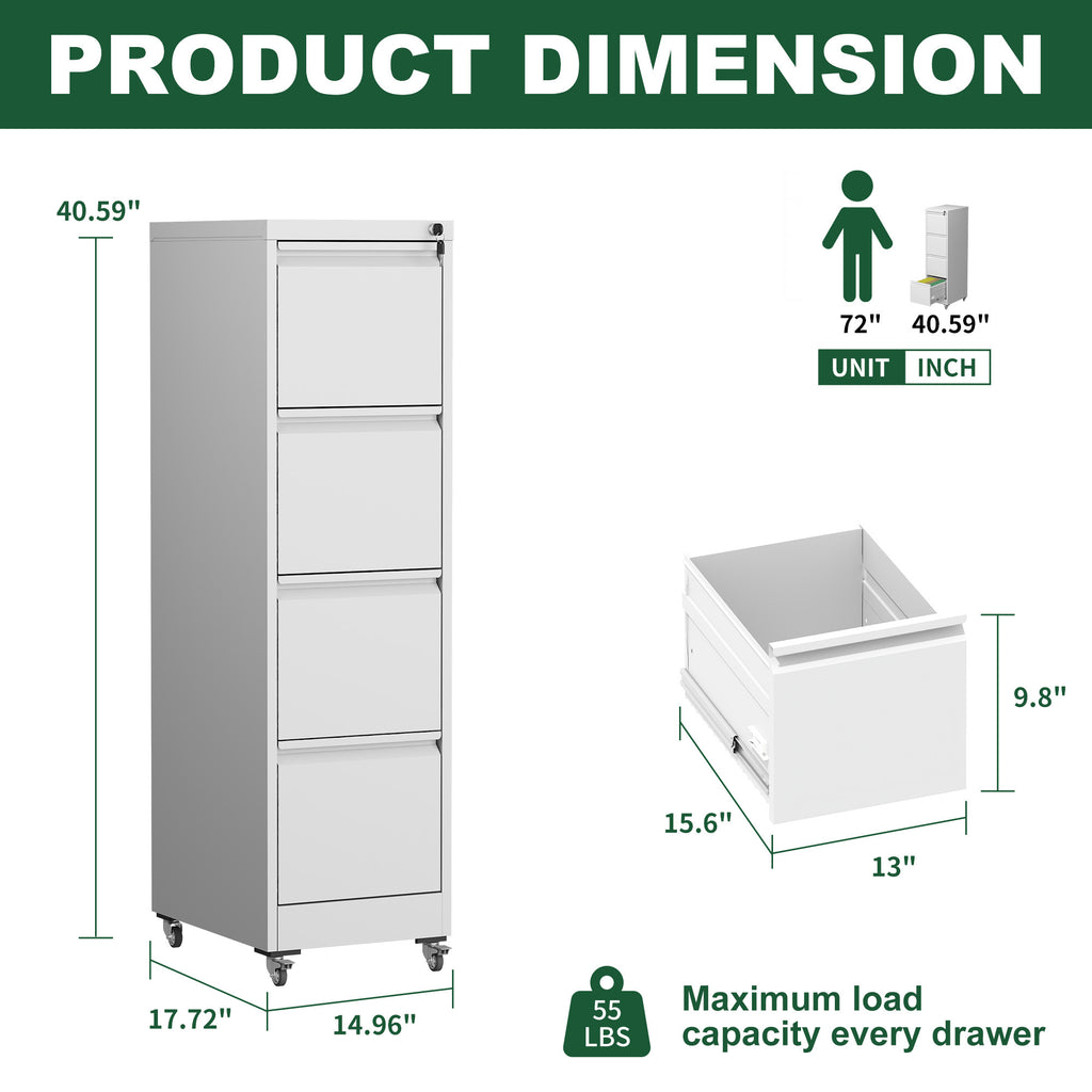 4 Drawer Metal Locking Vertical File Cabinet with Wheels - Heavy-Duty Lockable Storage for Home & Office, Black and White, 17