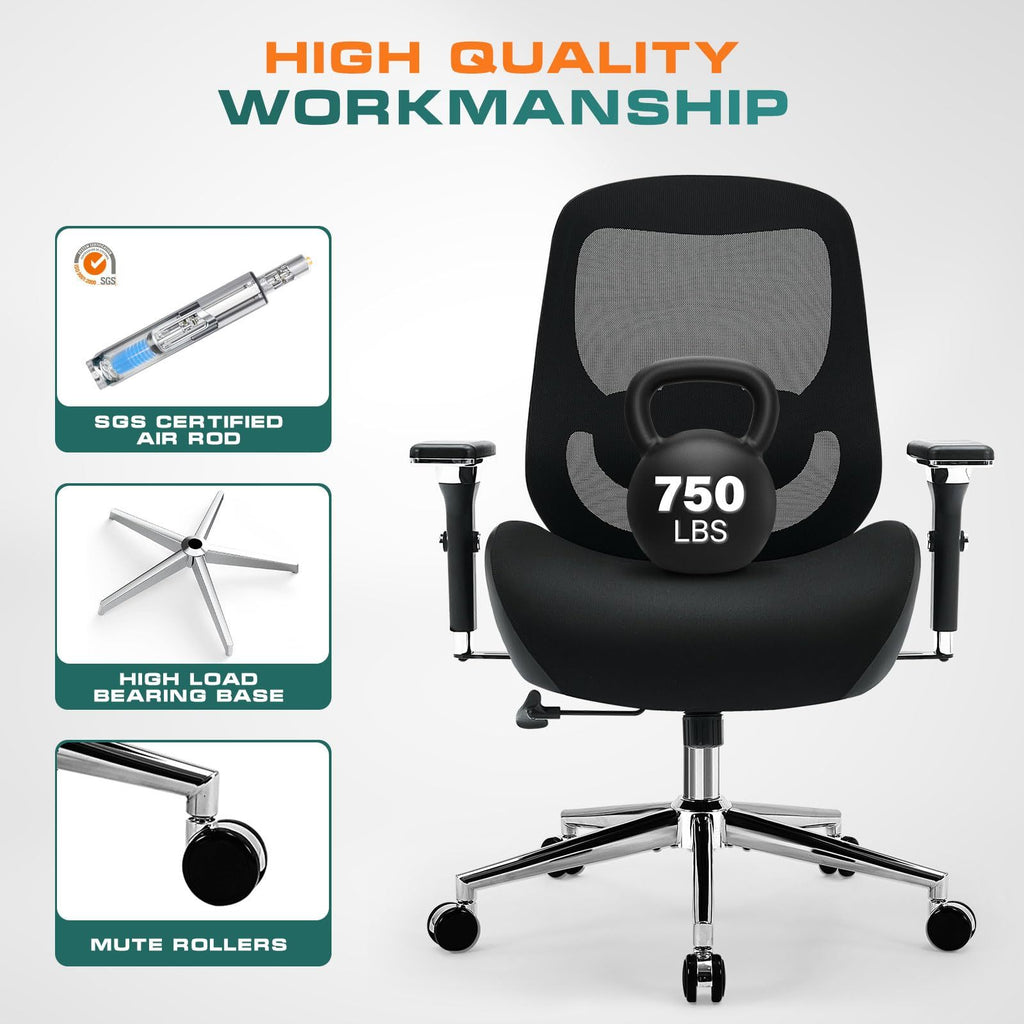 Big and Tall Office Chair with Wide Thick Seat Cushion for Heavy People Ergonomic Computer Mesh Desk Chairs with 4D Armrests,