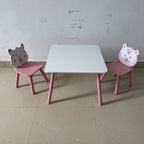 Kids Table and Chair Set, 3-Piece Wooden Toddler Desk with Animal Backrest, Activity Table for Drawing, Learning,Playroom or 
