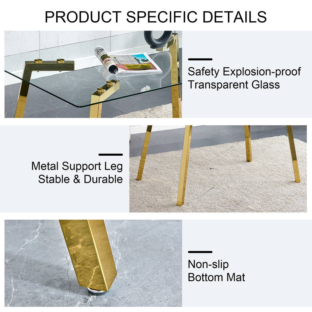 Modern minimalist style rectangular glass dining table with tempered glass tabletop and golden metal legs, suitable for kitchen, dining room, and living room, 51 ' * 31.5 ' * 29.5 '   1123 - Grand Goldman Shop