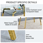 Modern minimalist style rectangular glass dining table with tempered glass tabletop and golden metal legs, suitable for kitchen, dining room, and living room, 51 ' * 31.5 ' * 29.5 '   1123 - Grand Goldman Shop