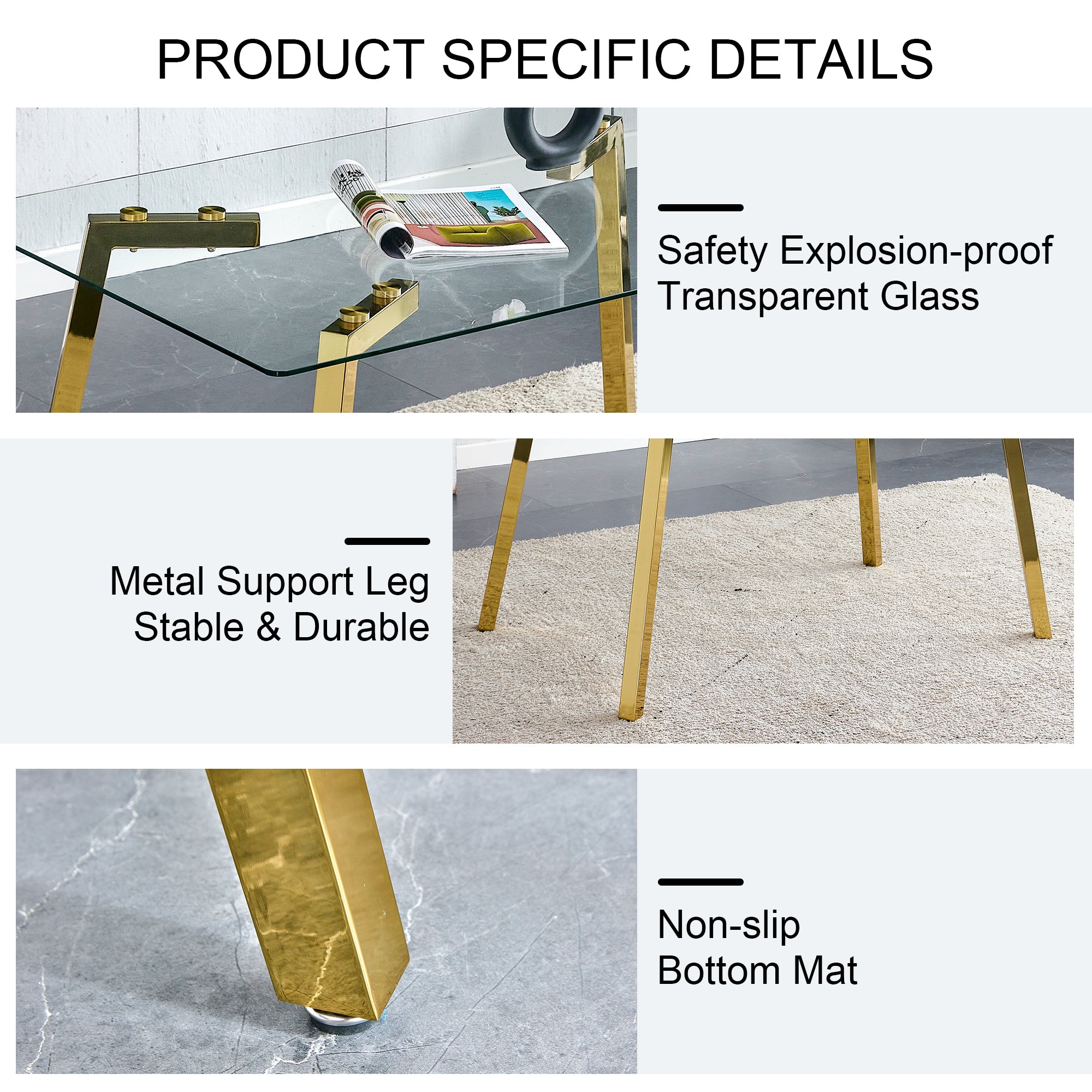 Modern minimalist style rectangular glass dining table with tempered glass tabletop and golden metal legs, suitable for kitchen, dining room, and living room, 51 ' * 31.5 ' * 29.5 '   1123 - Grand Goldman Shop
