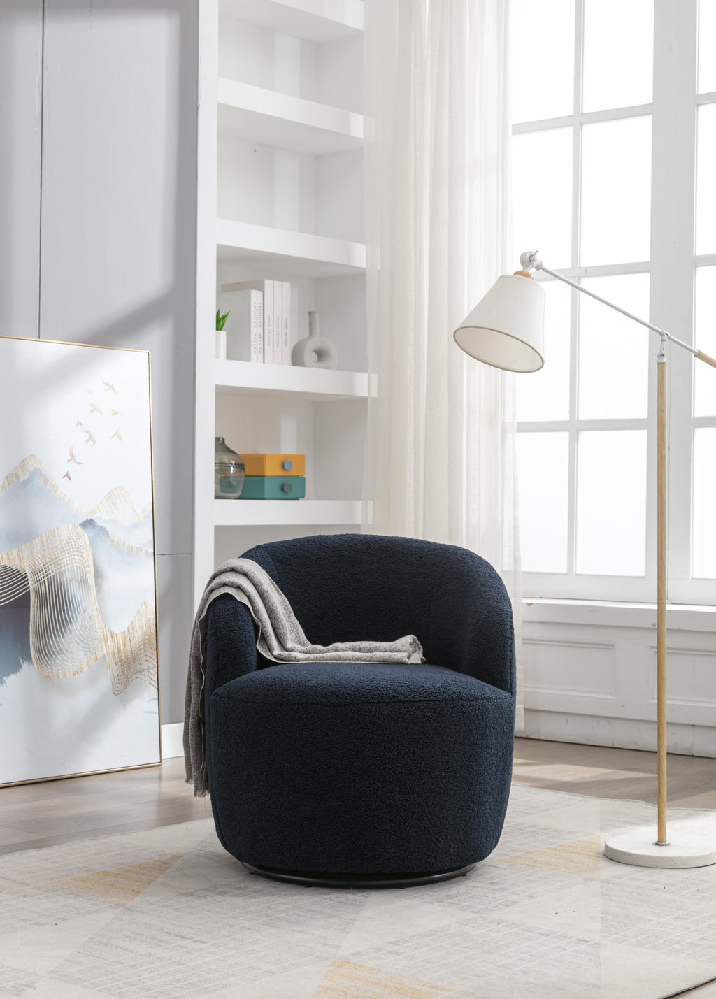 Teddy Fabric Swivel Accent Armchair Barrel Chair With Black Powder Coating Metal Ring,Dark Blue - Grand Goldman Shop