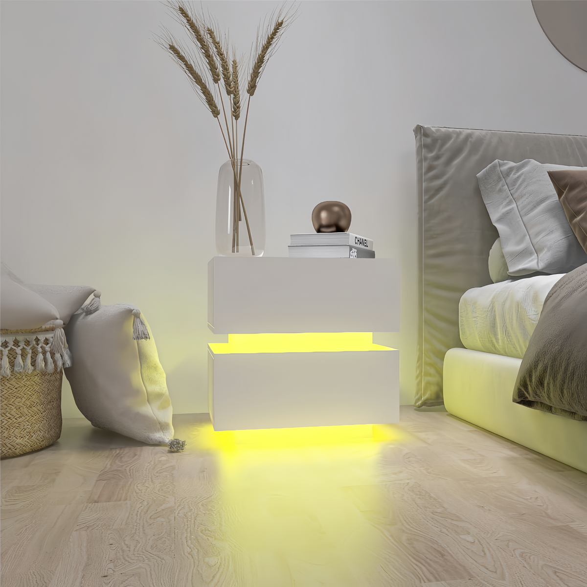 White Color High Glossy 2 Drawers Bedside Table with RGB Led Light Nightstand with Bluetooth Control - Grand Goldman Shop