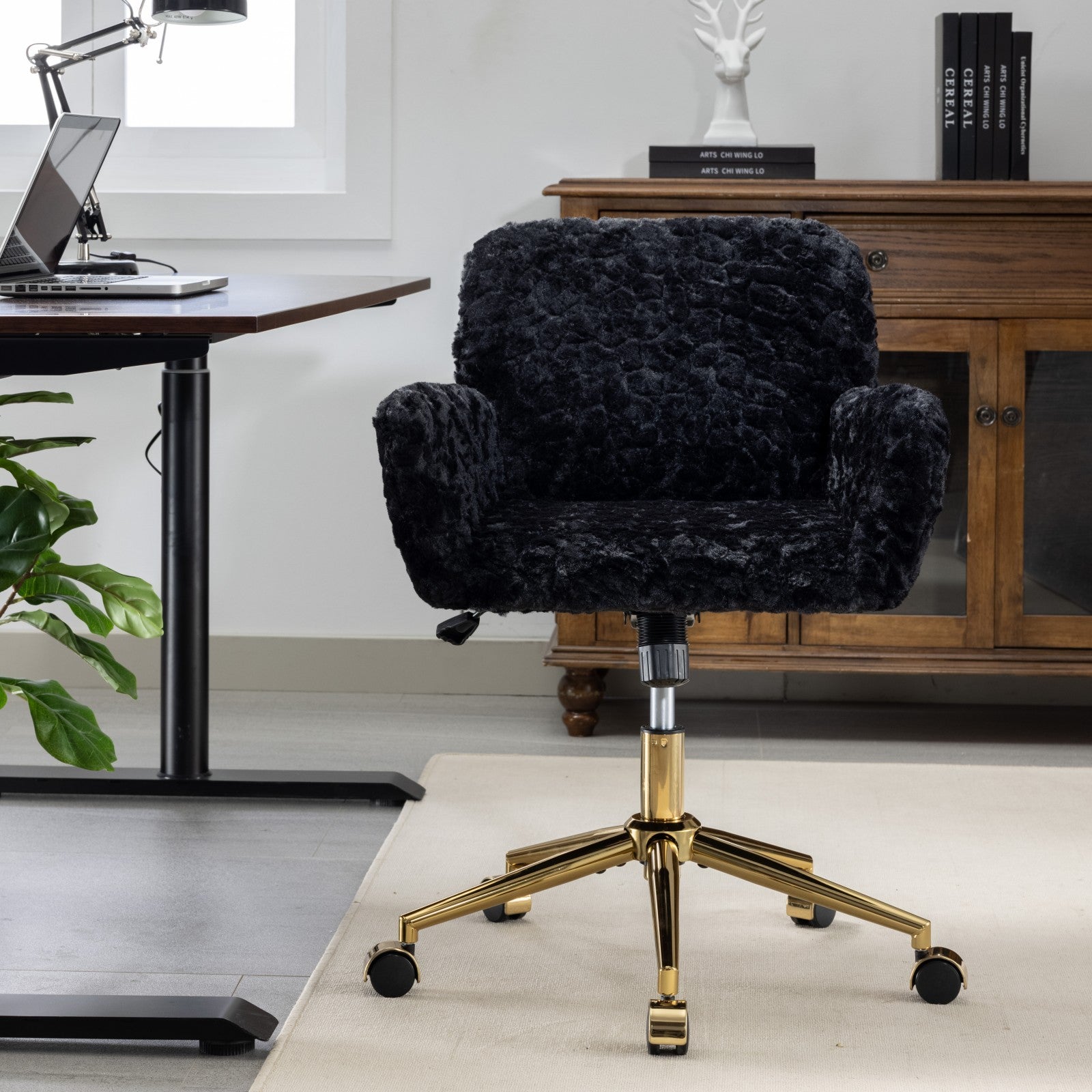 A&A Furniture Office Chair,Artificial rabbit hair Home Office Chair with Golden Metal Base,Adjustable Desk Chair Swivel Offic