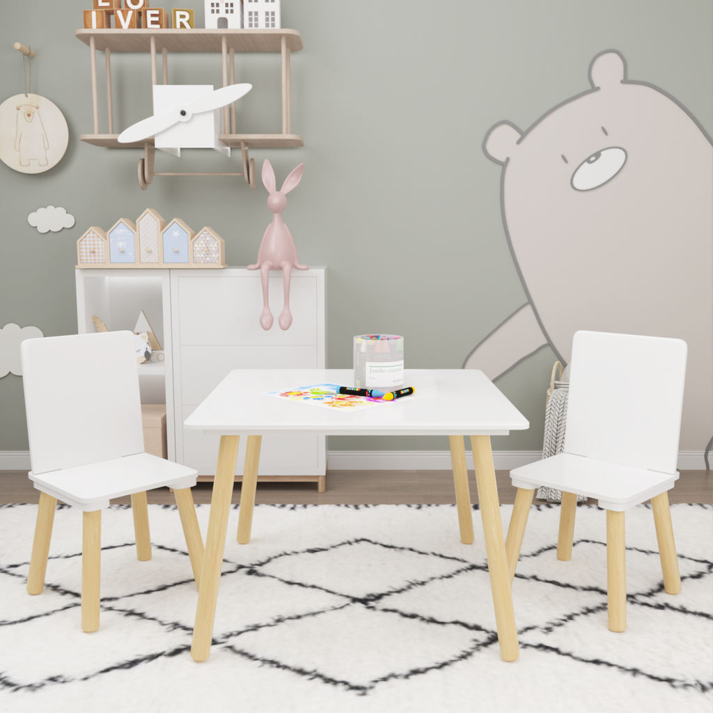 White Wooden Kids Table and 2 Chairs Set, 3-Piece Toddler Activity Play Table with Solid Wood & MDF Construction, Compact Siz